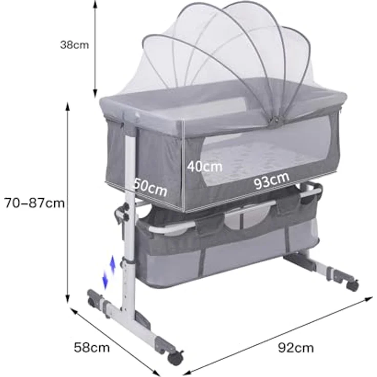 Beistellbett 3 in1 Babybetten Tragbar Babybett mit atmungsaktivem, Verstellbarer Stubenwagen Beistellbett mit Aufbewahrungskorb, 92 x 58 x 70–90 cm - Cremeweiß – Bild 8