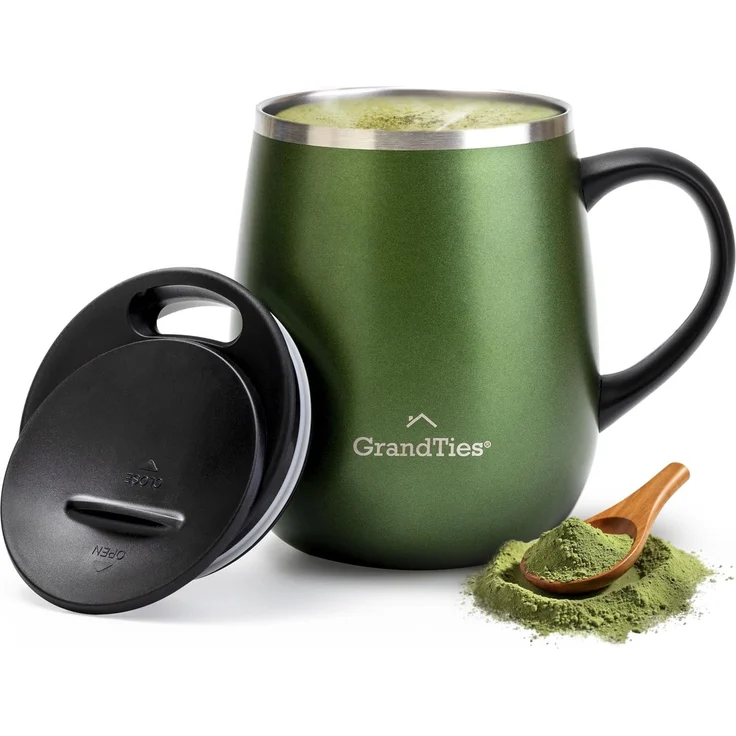 Grandties Isolierter Kaffeebecher mit Griff – Schiebedeckel für spritzwassergeschützte 473 ml -Form Thermosbecher mit doppelwandigem Vakuum-Edelstahl, hält Getränke heiß & kalt – grün metallic