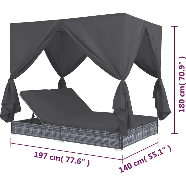 vidaXL Outdoor-Lounge-Bett mit Vorhängen Poly Rattan Grau 45647 – Bild 7