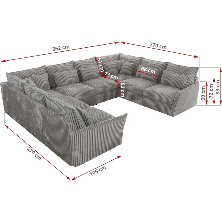 Modulares U-förmiges Wohnzimmer-Ecksofa, XXL Ecksofa mit Armlehnen, Wohnlandschaft, Universal-Ecksofa mit lockeren Kissen - VERSO U 8M - Grau Cord – Bild 8