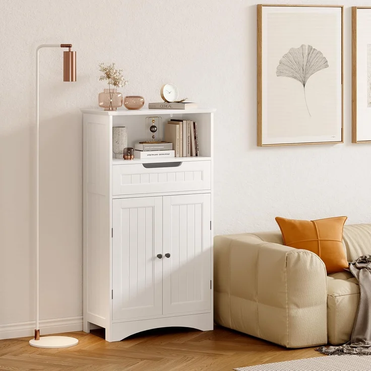 Bealife Badezimmerschrank, Badezimmer-Aufbewahrungsschränke mit großer Schublade, 2 Türen mit verstellbaren Regalen für Badezimmer, Wohnzimmer, Schlafzimmer, 108 x 60 x 30 cm, Weiß – Bild 8
