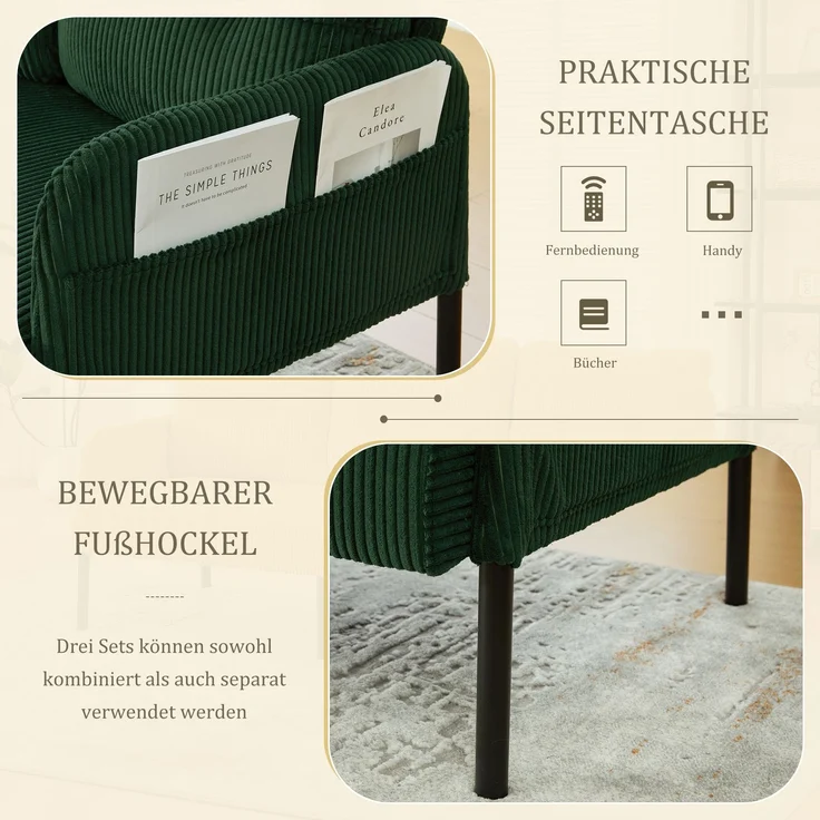 LVHOM 3-Sitzer Sofa mit Metallsockel, Polstersofa mit Seitentaschen, Loungesofa aus Cordstoff, Ergonomisches Stoffsofa, 171x72x80cm – Bild 5