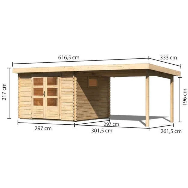 Blockbohlengartenhaus Trittau 3 - 580,5 x 297 cm mit Anbaudach 3,30 m, 38 mm Holz naturbelassen, Karibu – Bild 2