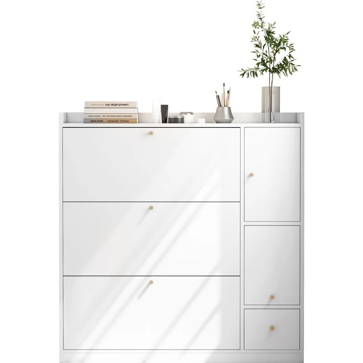 Großer Schuhschrank mit Sitzbank Weiß 119cm Breite Moderner Flurschrank Mit Kippschubladen Und Verstellbaren Böden Großer Stauraum Für Bis Zu 30 Paar Schuhe Garderobenschrank Mit Integrierter Sitzbank Und Kippsicherung, 119cmx24cmx122cm, Weiß – Bild 5