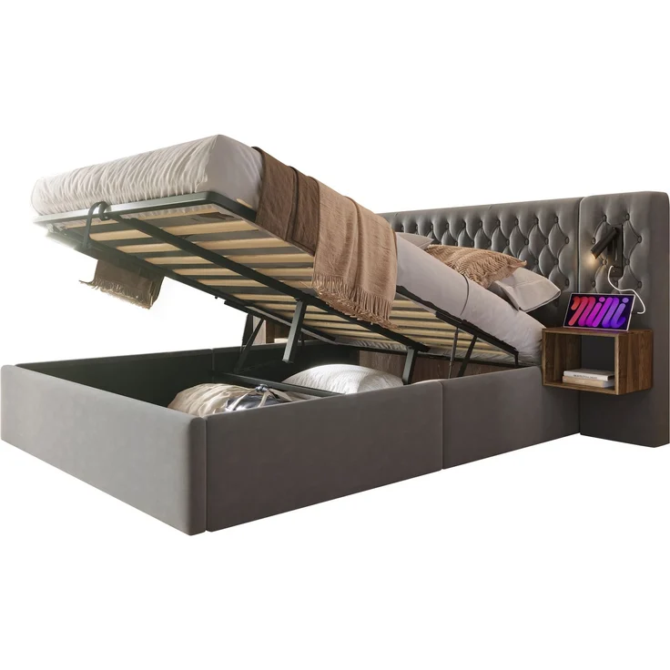 Bettanlage Schlafzimmer Komplett Set,Polsterbett Hydraulisch Stauraumbett Doppelbett 180×200 cm mit 2 Nachttischen, Kopfteil Leselicht mit USB Ladefunktion, Grau, Samt(Ohne Matratze) – Bild 8