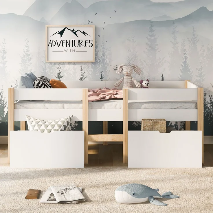 Bett Kinderbett mit Schublade und Rausfallschutz, Kiefer-Vollholz-90x190 cm-Weiß & Eiche – Bild 7