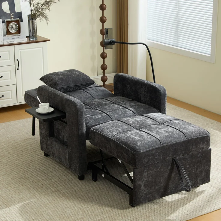 LVHOM Multifunktionaler Schlafsessel mit klappbarer Ablage, Ausziehbares 1-Sitzer Schlafsofa mit Handyhalter und Seitentaschen, Loungesessel, Dunkelgrau – Bild 10