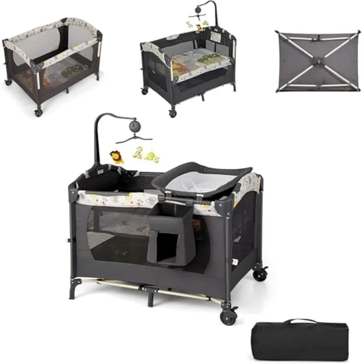 FANTASK 4 in 1 klappbares Reisebett 15 kg belastbar, Beistellbett mit Tragetasch, 2 Ebenen Babybett höhenverstellbar, Matratze & Spieluhr, Wickeltisch & Laufstall, Mobile Stubenwagen