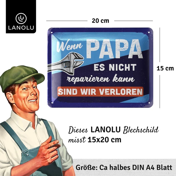 LANOLU Blechschild Papa reparieren - 15x20cm – Metall – Blau – 15154 – Bild 4