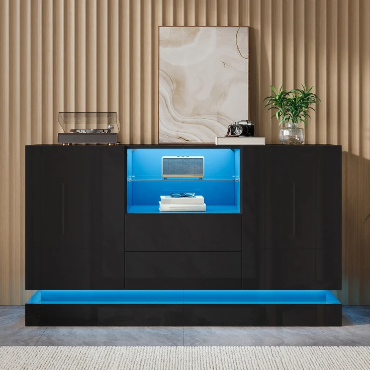 ZUBALIYA Sideboard 140x40x80 cm, mit LED-Beleuchtung, Hochglanz, mit 2 Türen, aus Spanplatte, Schwarz – Bild 2