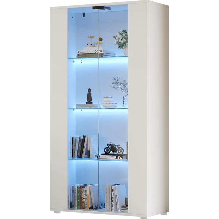 Merax Vitrinenschrank mit 2 Glastüren, 4 Ablageflächen und verstellbarer LED-Beleuchtung – modernes Design für Wohnzimmer, Weiß, 80×36×150.5cm – Bild 8