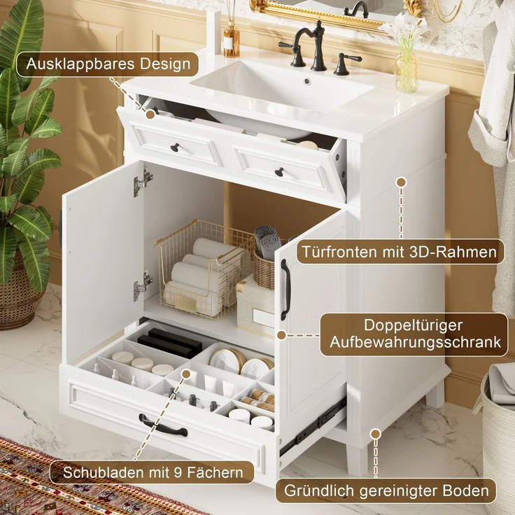77 x 46 x 86 cm, freistehender Waschtisch, komplett lackiert, integriertes Keramikwaschbecken, 9 Ablagefächer, Doppeltürschrank mit Soft-Close-Scharnieren, weiß. – Bild 7