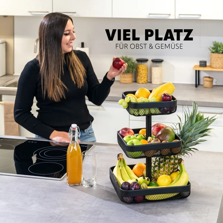 eluno Obstschale 3-stöckig / Brotkorb, Obstkorb aus schwarzem Metall – Bild 2