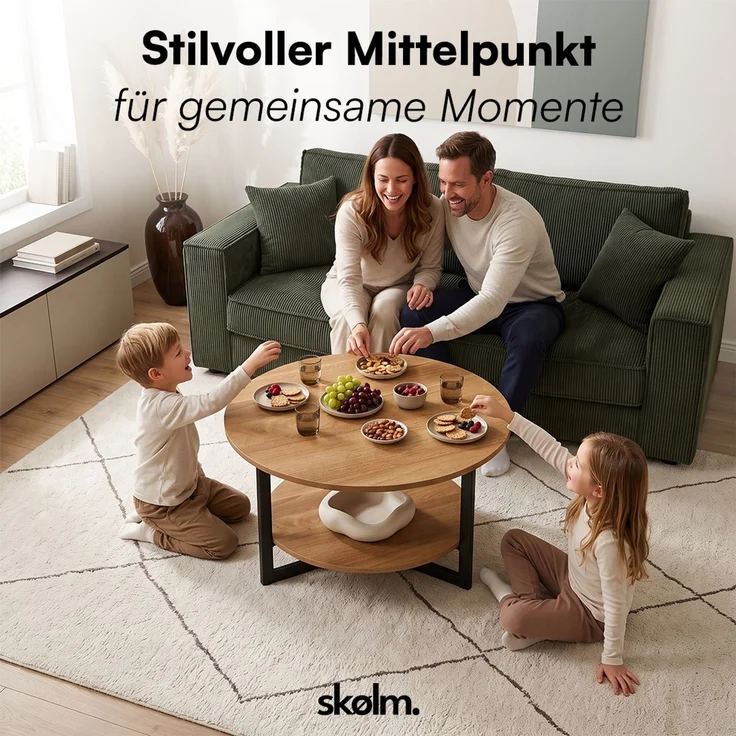 skølm 'Drakkar' Couchtisch rund, Massivholz Eiche, natur geölt, Wohnzimmertisch Ø70 cm mit Metallgestell, Beistelltisch für Wohnzimmer mit Ablage – Bild 9