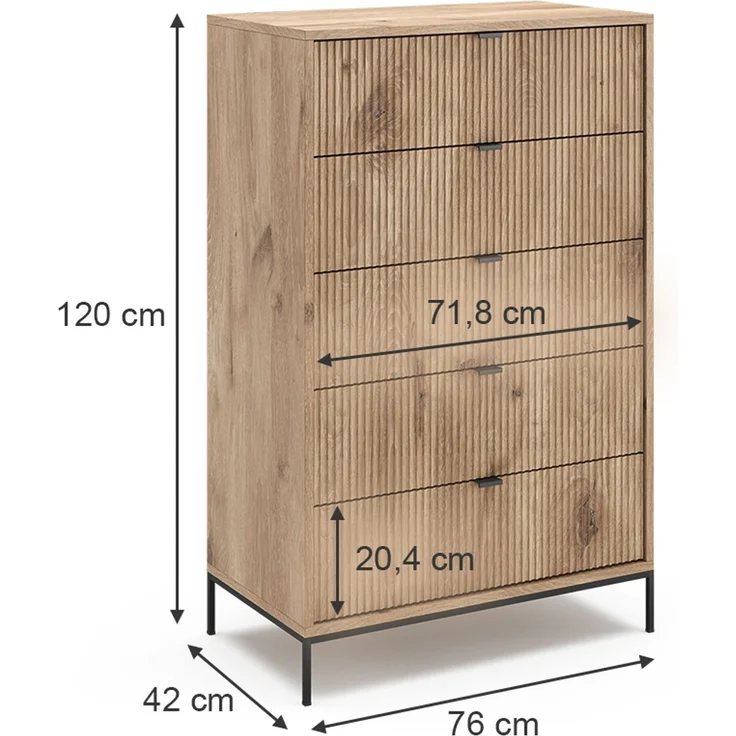Kommode Eliza Viking Oak 76 x 120 cm mit 5 Schubladen Vicco – Bild 3