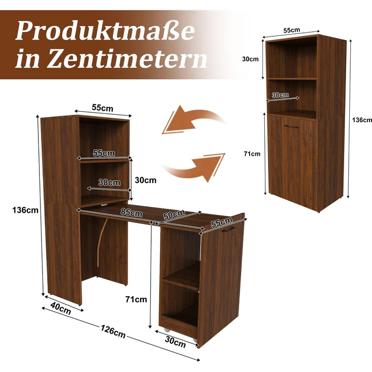 Ausziehbarer Schreibtisch mit Stauraumschrank & Kippsicherung, platzsparender Klappschreibtisch mit verstellbaren Ablagen & ausziehbarer Tischplatte für Schlafzimmer & Arbeitszimmer, dunkler Nussbaum--Nussbaum--76x55x136cm--YOUDENOVA – Bild 6