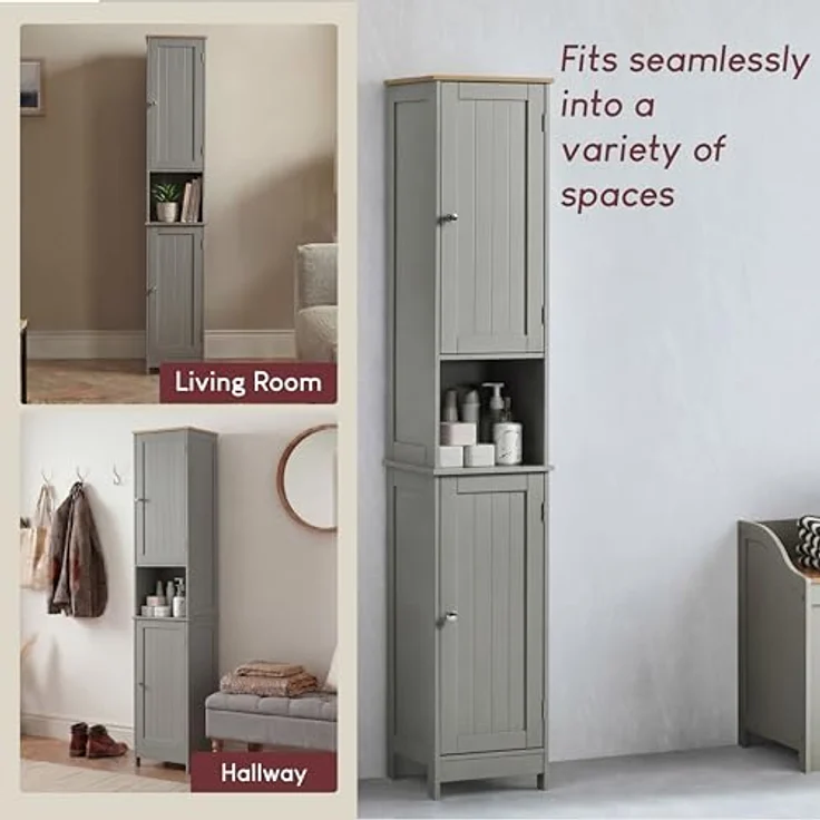 Bath Vida Priano Badezimmer Schrank Aufbewahrung Wandschrank Badschrank Freistehend Holzen Hochschrank, Grau, Regale – Bild 7