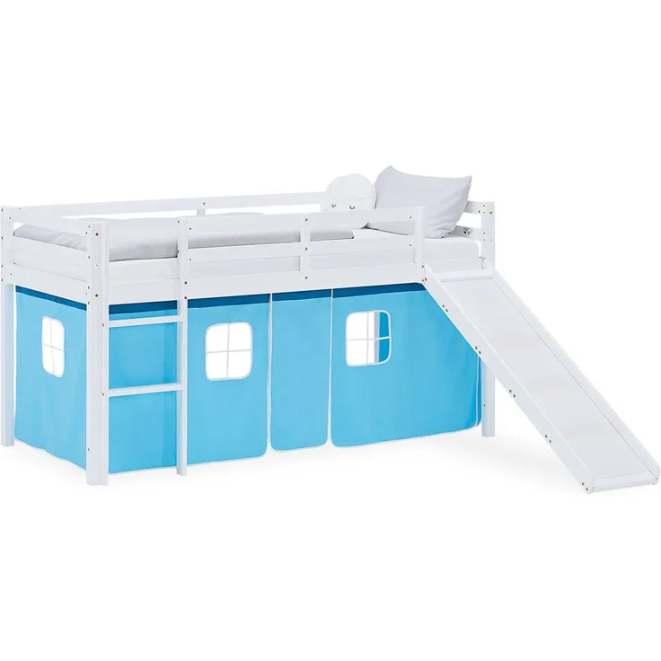 Hochbett Kinder 90x200 cm mit Rutsche Kinderbett Kinderhochbett Stockbett Vorhang Blau Leiter Holz Massiv