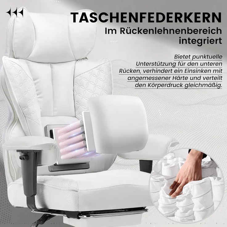 COMHOMA Gaming Stuhl, ergonomischer Bürostuhl, Schreibtischstuhl mit verstellbare Armlehnen, Taschenfederkern-Lendenwirbelstütze für große und hohe Personen, 180 kg, breiter Sitzfläche, weiß – Bild 7
