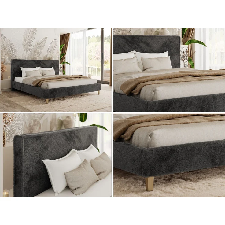 Design Polsterbett LUMARO CLASSIC 140x200 cm mit Lattenrost & 12cm hohen Füßen, Doppelbett mit Kopfteil, Konfigurierbar, Pocket Matratze - Dunkelgrau Plüsch - VIRE LUX – Bild 2