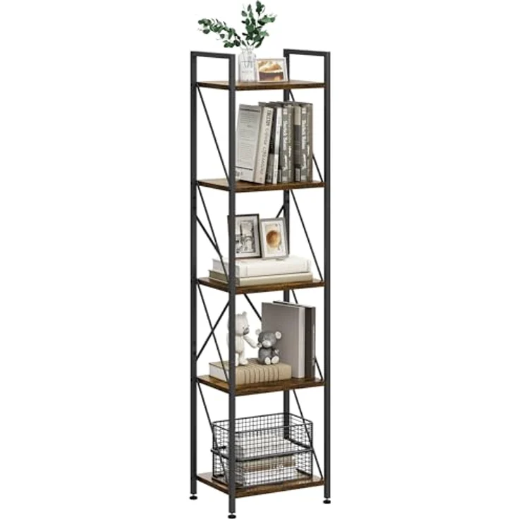 YITAHOME Bücherregal mit 5 Ebenen, industrielles Bücherregal, freistehendes Regal, Holzregal und Metallrahmen, Aufbewahrungsregal für Wohnzimmer, Zuhause, Büro, Küche, Schlafzimmer, Vintagebraun – Bild 7