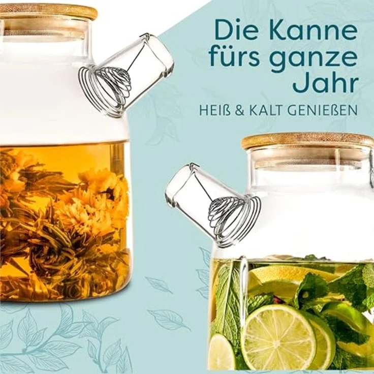 Cosumy Teekanne Teekanne Glas 1,5 Liter mit Deckel aus Bambus - Filter im Auslauf, 1500 l, (Packung, Teekanne mit Deckel), Getränke – Bild 2