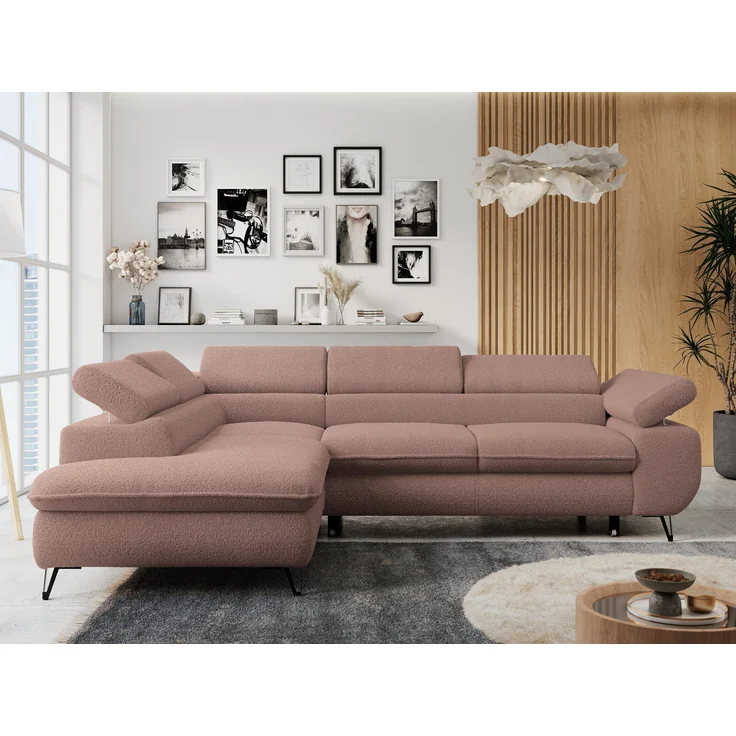 Mks Möbel 'Peter L-form' Ecksofa mit Bettfunktion, Bettkasten & einstellbaren Kopfstützen, Rosa, Boucle, mit Topper, links