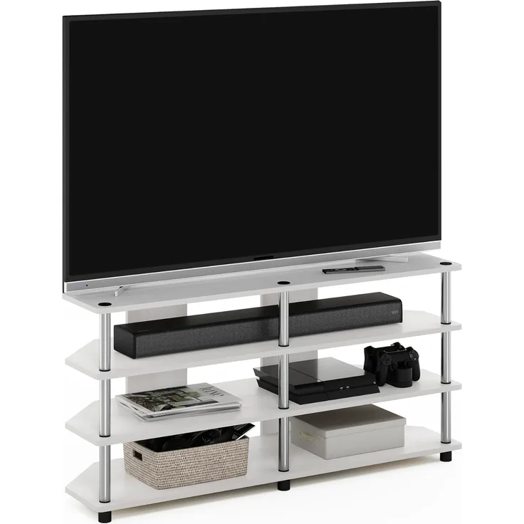 Furinno Econ Einfache Montage 4-stufiger Eck-TV-Ständer für Fernseher bis zu 55 Zoll, Weiße Eiche/Edelstahl