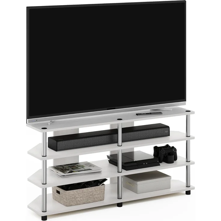 Furinno Econ Einfache Montage 4-stufiger Eck-TV-Ständer für Fernseher bis zu 55 Zoll, Weiße Eiche/Edelstahl