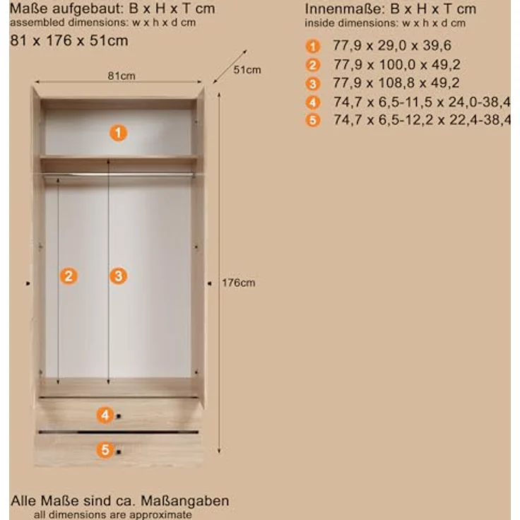 trendteam smart living - Basics - Kleiderschrank - Eiche - Garderobenschrank mit 2 Türen, 1 Hutablage, 1 Kleiderstange und 2 Schubladen - (BxHxT) 81 x 176 x 51 cm - Moderner Stil – Bild 4