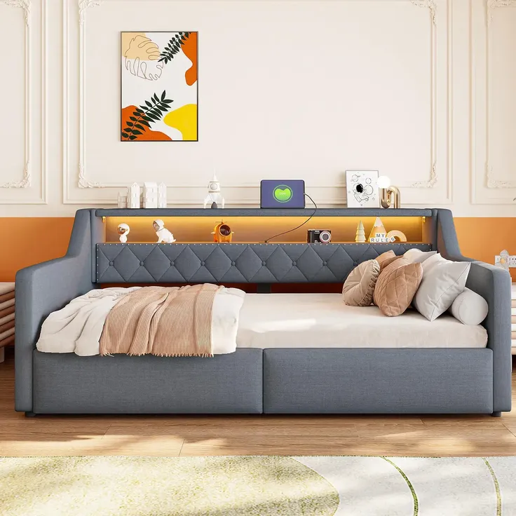 Schlafsofa mit LED-Beleuchtung und Aufbewahrung, Polsterbett mit Lattenrost, 90x200 cm, Einzelbett, Jugendbett, Leinen – Bild 3