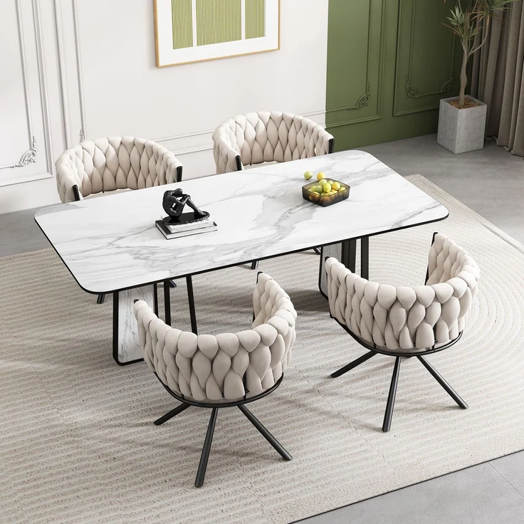 Merax Samt-Esszimmerstuhl, 4er set, Schlafzimmer-Drehstuhl, Freizeit-Drehstuhl mit vier Stützbeinen aus Metall, beige – Bild 2