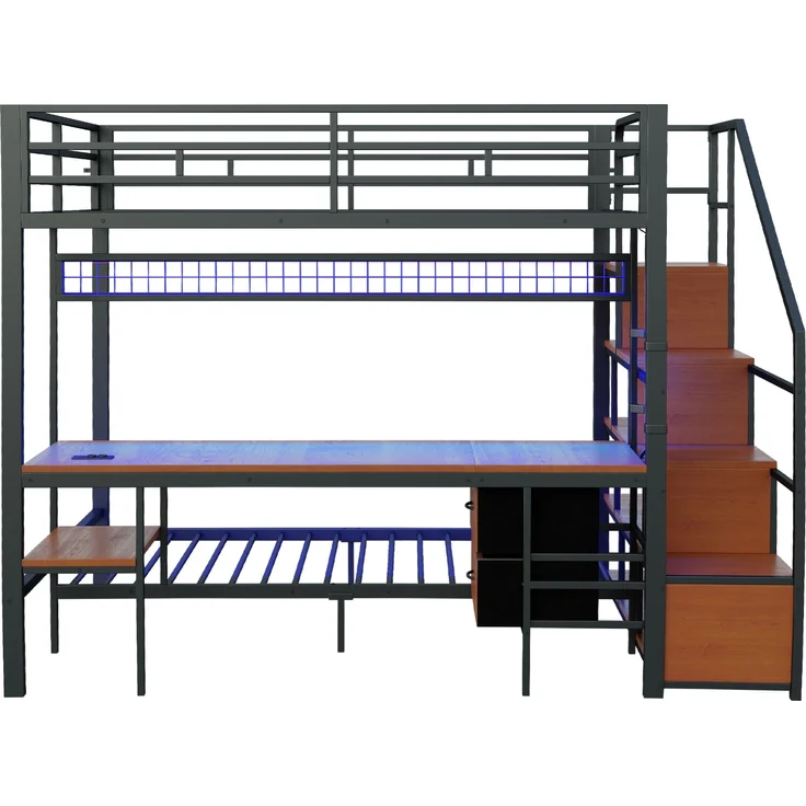 Hochbett Metall/MDF mit Schreibtisch, LED & USB-Anschluss, 140x200/90x200 cm, Schwarz, ohne Matratze – Bild 7
