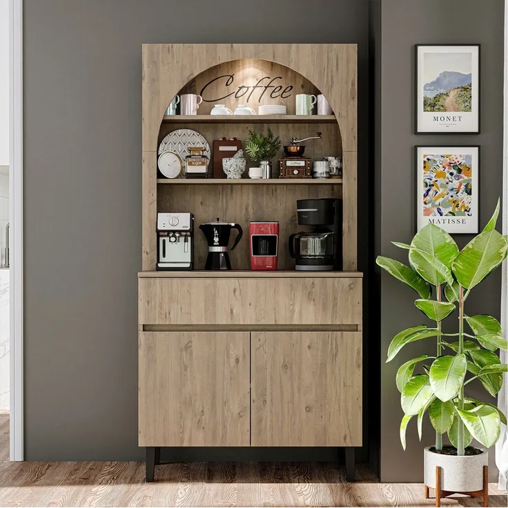 Roomart Küchenregal VENEDIK Küchenschrank 90 cm, Buffet, Schublade in 4 Farben, mit Beleuchtung, offene Nische, Schublade, Einlegeböden in 4 Farben