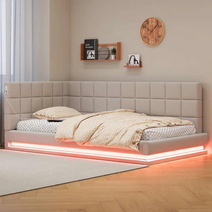 Merax Daybett Einzelbett Polsterbett 90x200cm mit USB & LED, Tagesbett Schlafsofa mit Lattenrost, Jugendbett Gästebett Funktionsbett, Samt, beige – Bild 6