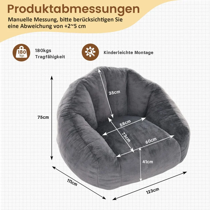 Sitzsack für Erwachsene, flauschiger Loungesessel aus Kunstfell, vakuumverpackt und montagefrei, für Wohnzimmer, Schlafzimmer, Balkon - Groß(Hellgrau)--Herde--111x123x75cm--YOUDENOVA – Bild 3