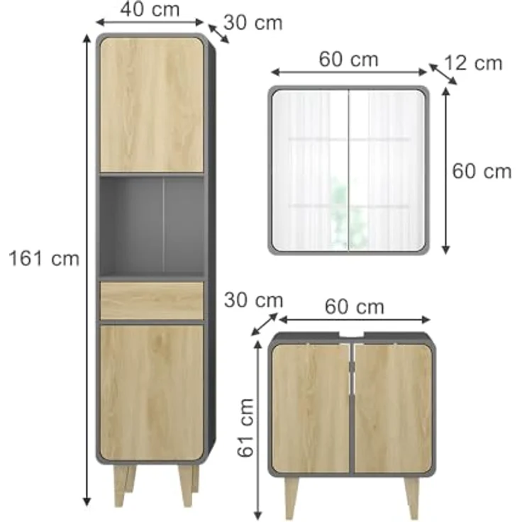 Vichy Badmöbel-Set Arla, 3-teilig, Anthrazit/Eiche mit Hochschrank und integriertem Spiegelschrank mit Beleuchtung – Bild 2
