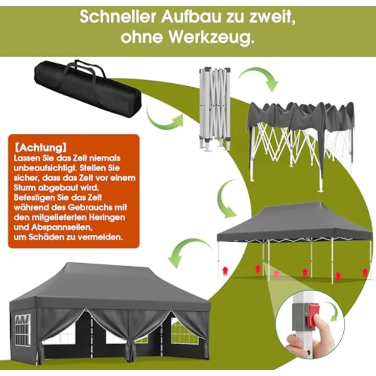 JUMMICO Faltpavillon 3x6 mit Hoher Spitze, um 60% Verbesserte Regenschutzleistung. UV 50+, Pavillon 3x6 Wasserdicht Stabil Winterfest, Shelter mit seitenwänden, für Garten und Camping, Dunkelgrau – Bild 6