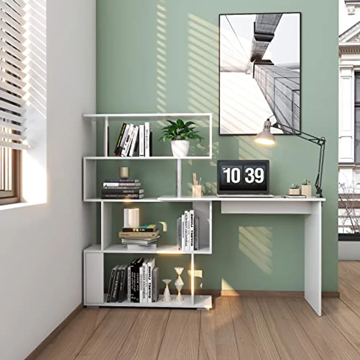 Mondeer Computertisch L-Förmig, Eckschreibtisch, mit 360 Grad Drehbarem Bücherregal für Arbeitszimmer Wohnzimmer Büro 157 x 45 x 130,5 cm, Weiß – Bild 3