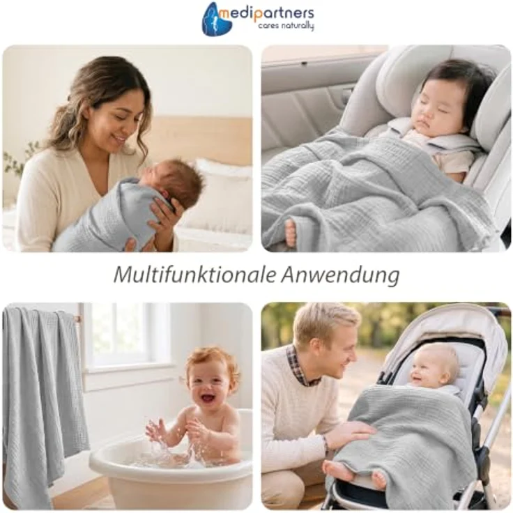 Medi Partners Musselin Babydecke 75x100cm Baby Decke Musselindecke Neugeborenen - dünne dünne Kuscheldecke Sommer Babydecken für Kleinkinder Krabbeldecke Kinderbett Kinderwagen (Grau) – Bild 5