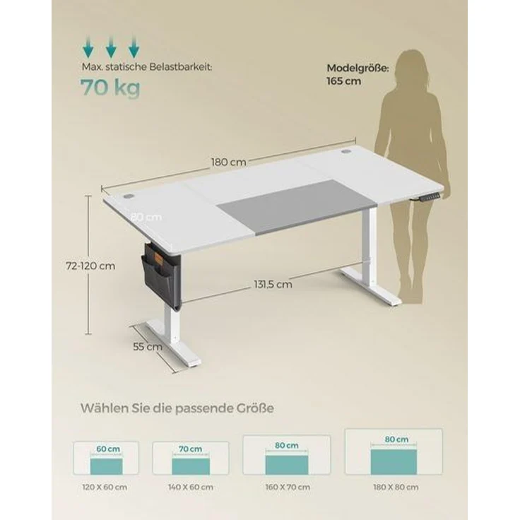 SONGMICS Höhenverstellbarer Schreibtisch elektrisch, 180 x 80 cm, stufenlos verstellbar, Memory-Funktion mit 4 Höhen, USB-C-Anschluss, wolkenweiß-taubengrau – Bild 5