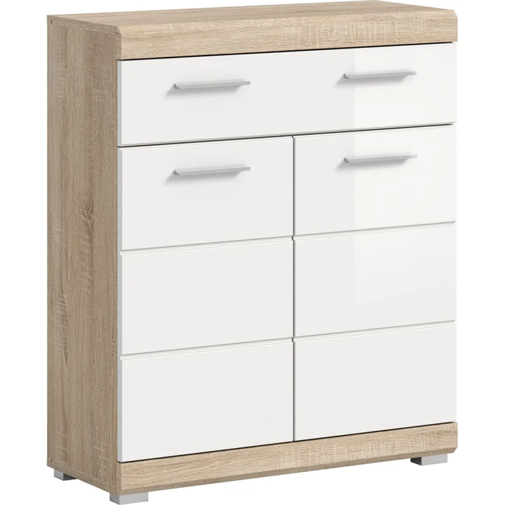 Xonox Lambada Standschrank breit (B/H/T 74x88x31) in weiß Hochglanz und Sonoma Eiche hell