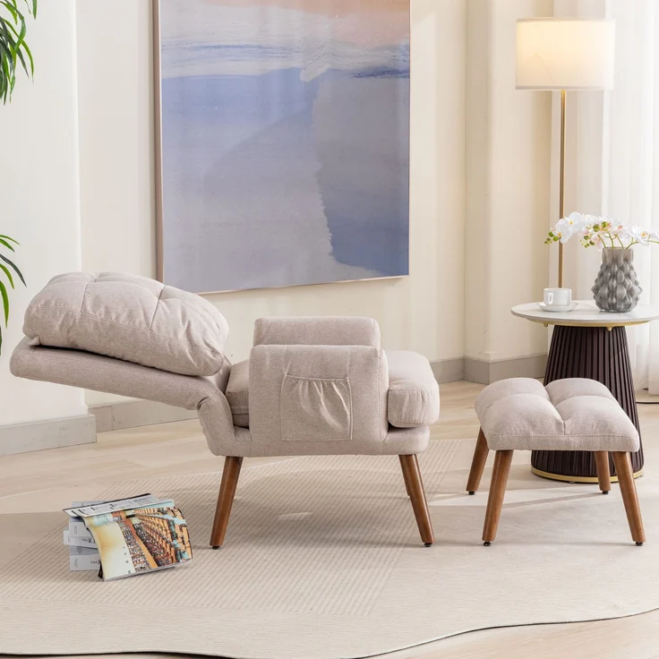 Stuhl mit Fußhocker, ergonomisches Relaxstuhl-Set mit Seitentaschen, Pull-Point-Design, weicher Schaumstoffpolsterung,Beige – Bild 2