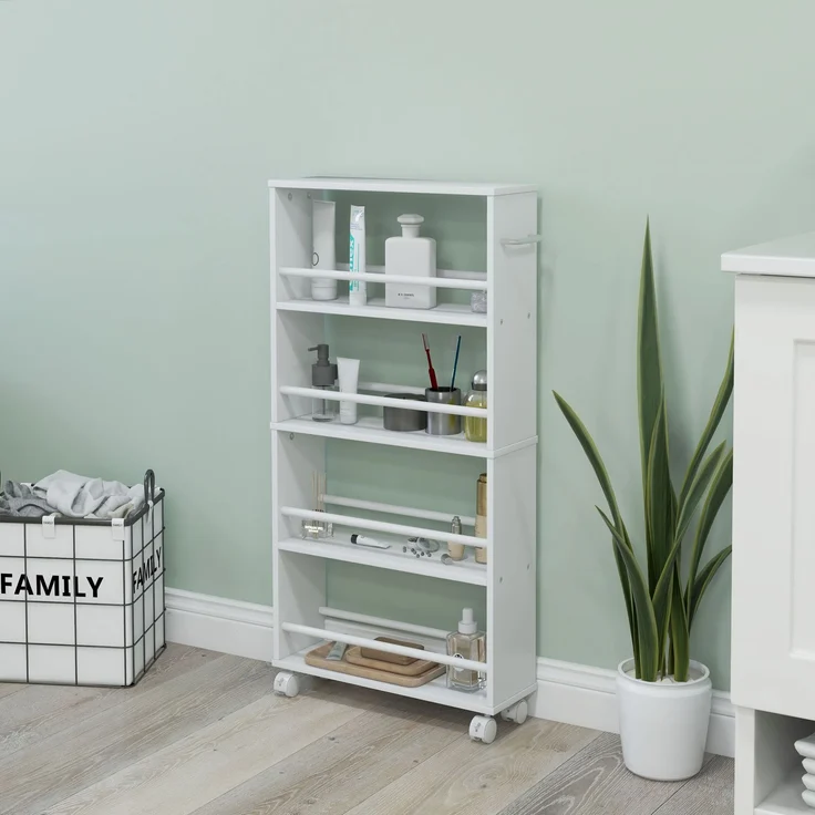 MELAYR, Multifunktionsregal mit Rollen, schmale Bauweise, 4 Fächer, 45x15x91 cm, Weiß – Bild 3