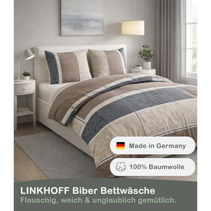 LINKHOFF Bettwäsche Biber Bettwäsche 155x220 Taupe - Beige, 100% Baumwolle, Übergröße, Bettwäsche-Set, Atmungsaktiv – Bild 4