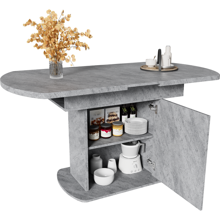 Ausziehbarer ovaler Esstisch, L110/130*W70*H75cm,Esstisch mit Stauraum, Kaffee-Freizeittisch, moderner minimalistischer Esstisch, platzsparender multifunktionaler Esstisch, Betonoptik+silberner Griff – Bild 6