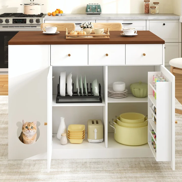 Merax Kücheninsel, Küchenwagen & Sideboard mit Schubladen – mit ausziehbarer Arbeitsplatte, Würzregal, Haustierfressbereich (ohne Katzensteller), Weiß + Nussbaumfarbe – Bild 8