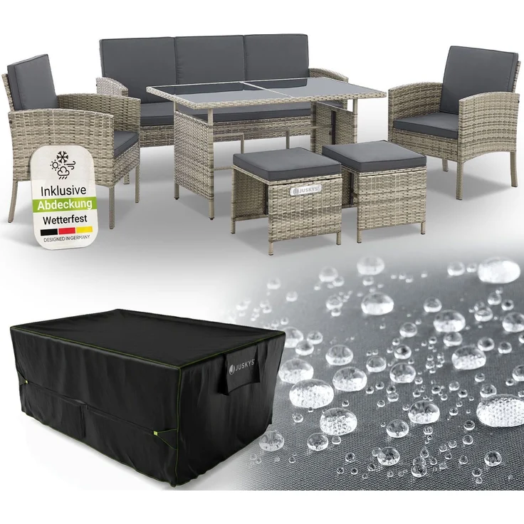 Juskys Polyrattan Gartenmöbel Sitzgruppe Turin Set 6 teilig inkl. Abdeckung - 7 Personen - Outdoor Möbel mit Sessel, Hocker, Tisch & Kissen - Garten Loungemöbel Grau-meliert – Bild 1