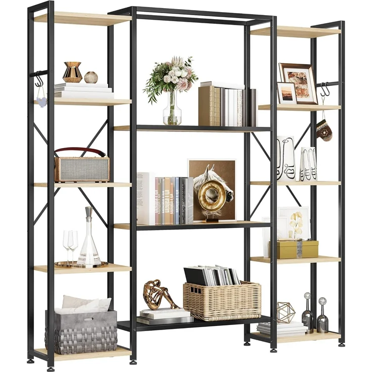 YITAHOME Standregal Bücherregal Mit 13 Regalen, Industrielles Regal Aus Holz Und Metallrahmen, Präsentationsregal Für Wohnzimmer, Heimbüro, Holzfarbe – Bild 1