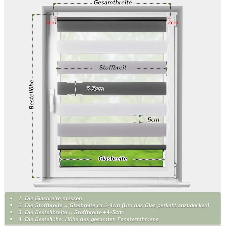 Deswell Doppelrollo Klemmfix ohne Bohren Weiß-Grau-Anthrazit B50 x H130 cm (Stoffbreite 46cm) Rollos für Fenster ohne Bohren für Fenster mit Lichtdurchlässig & Verdunkelnd/Höhe Stufenlos Verstellbar – Bild 4
